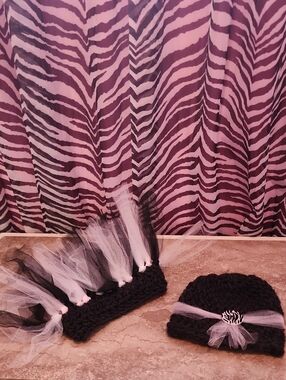 Black Knit Beanie and Tulle Set with Zebra Accent Photo Prop
